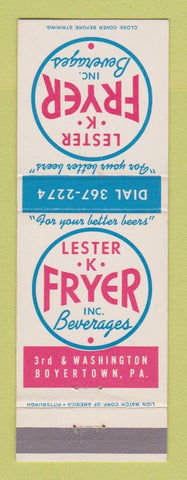 Matchbook Cover - Lester K Fryer Beverages Boyertown PA