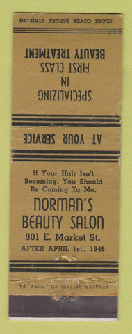 Matchbook Cover - Norman's Beauty Salon 1946 York PA