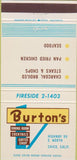 Matchbook Cover - Burton's Restaurant Chico CA 30 Strike