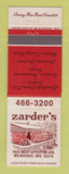 Matchbook Cover - Zarder's Restaurant Milwaukee WI