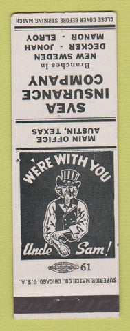 Matchbook Cover - Svea Insurance New Sweden Elroy Jonah Manor TX Austin WWII