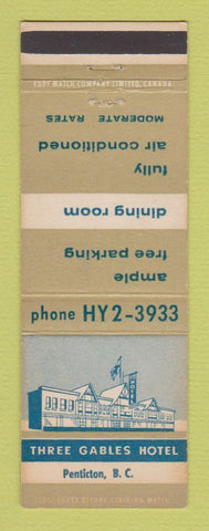 Matchbook Cover - Three Gables Hotel Penticton BC
