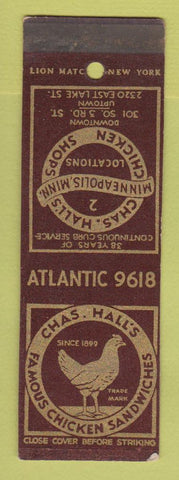 Matchbook Cover - Chas Hall's Chicken Sandwich Shops Minneapolis MN SAMPLE