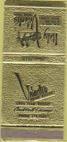 Matchbook Cover - Italy Valenti's Italian Restaurant Miami FL 30 Strike