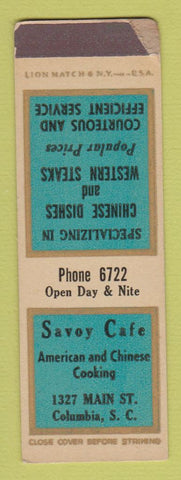Matchbook Cover - Savoy Cafe Columbia SC SAMPLE POOR STRIKER