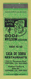 Matchbook Cover - Casa De Soria Restaurants Mexican Oxnard Ventura CA