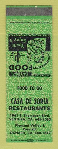 Matchbook Cover - Casa De Soria Restaurants Mexican Oxnard Ventura CA