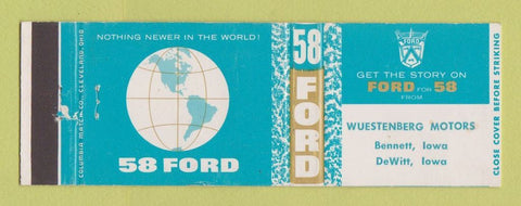 Matchbook Cover - 1958 Ford Wuestenberg Motors Bennett DeWitt IA