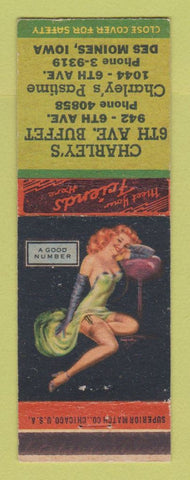 Matchbook Cover - Charley's 6th Ave Buffet Pastime Des Moines IA pinup
