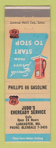 Matchbook Cover - Phillips 66 oil gas Judd's Lancaster MO