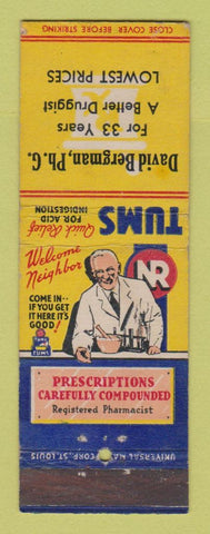 Matchbook Cover - Tums for Acid Indigestion David Bergman Drug