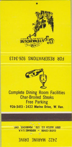 Matchbook Cover - G  and  P Steakhouse Vancouver BC 30 Strike