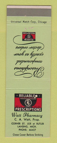 Matchbook Cover - Watt Pharmacy Drug Store Lansing MI
