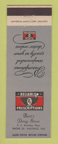 Matchbook Cover - Bert's Drug Store Hastings NE Burt Burchess