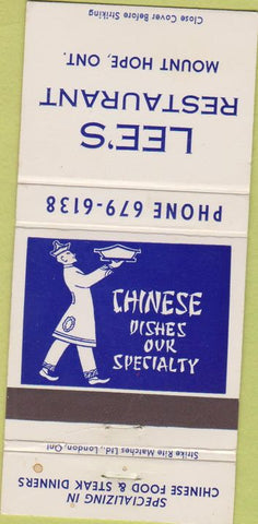 Matchbook Cover - Lee's Restaurant Mount Hope ON 30 Strike