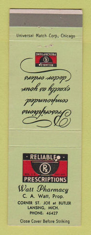 Matchbook Cover - Watt Pharmacy Drug Store Lansing MI WEAR