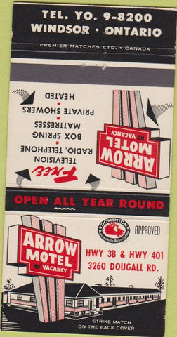 Matchbook Cover - Arrow Motel Windsor ON Canada 30 Strike