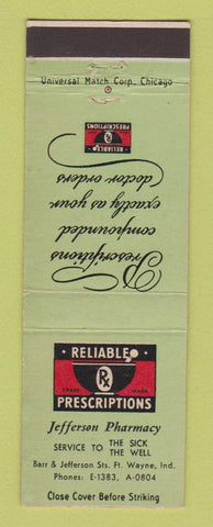 Matchbook Cover - Jefferson Pharmacy Drug Store Fort Wayne IN