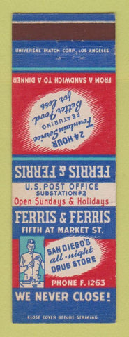 Matchbook Cover - Ferris and Ferris Drug Stores Cigars San Diego CA