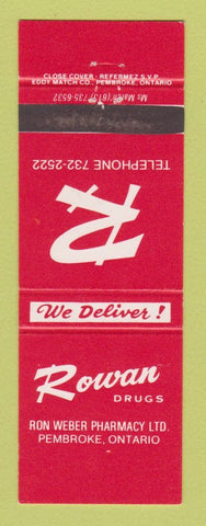 Matchbook Cover - Rowan Drug Stores Pembroke ON