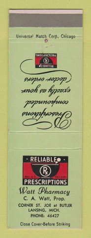Matchbook Cover - Watt Pharmacy Drug Store Lansing MI