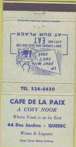 Matchbook Cover - Cafe De La Paix Quebec QB 30 Strike