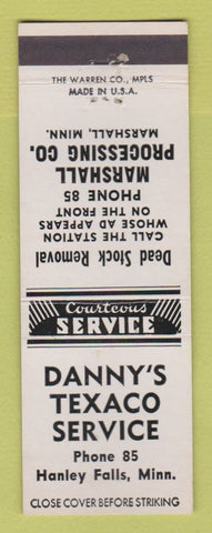 Matchbook Cover - Danny's Texaco oil gas Hanley Falls MN Cattle Processing