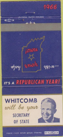 Matchbook Cover - Vote Whitcomb State Secretary 1966 FL 30 Strike