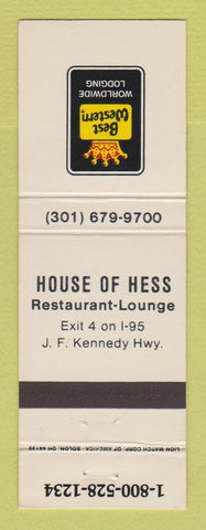 Matchbook Cover - Best Western House of Hess Edgewood MD