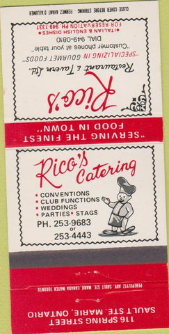 Matchbook Cover - Rico's Restaurant Sault Ste Marie ON 30 Strike