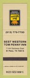 Matchbook Cover - Best Western Tom Penny Inn El Paso TX