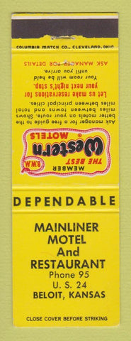 Matchbook Cover - Best Western Mianliner Motel Beloit KS