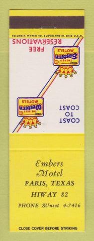 Matchbook Cover - Best Western Embers Motel Paris TX