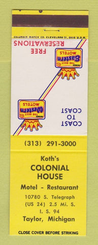 Matchbook Cover - Best Western Koth's Colonial House Taylor MI