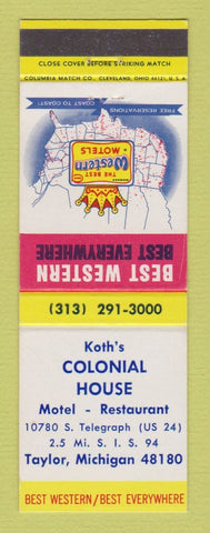 Matchbook Cover - Best Western Koth's Colonial House Taylor MI