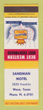Matchbook Cover - Best Western Sandman Motel Waco TX