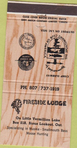 Matchbook Cover - Fireside Lodge Camp Ojibway Lac Seul ON 30 Strike
