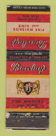 Matchbook Cover - Barclay's Whiskey Gin Detroit MI WORN
