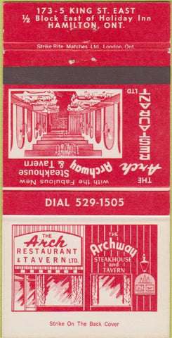 Matchbook Cover - Arch Restaurant Tavern Hamilton ON 30 Strike