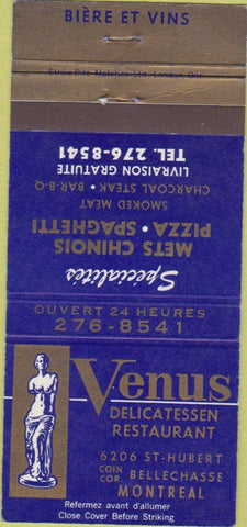 Matchbook Cover - Venus Restaurant Deli Montreal QC 30 Strike