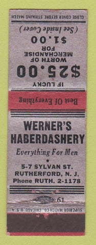 Matchbook Cover - Werner's Haberdashery Men's Clothes Rutherford NJ