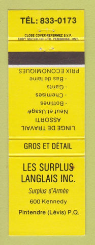 Matchbook Cover - Les Surplus Langlais Clothes Levis QC