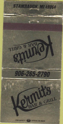 Matchbook Cover - Kermit's Bar Grill Stambaugh MI 30 Strike