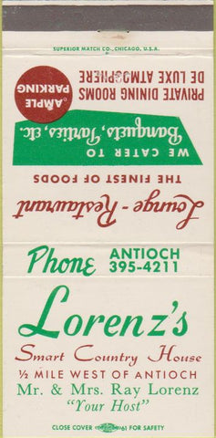 Matchbook Cover - Lorenz's Country House Antioch IL 30 Strike