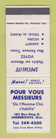 Matchbook Cover - Pour Vous Messieurs Men's Clothes Sherbrooke QC