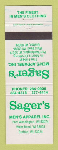 Matchbook Cover - Sager's Men's Clothes Grafton West Bend Port Washington WI
