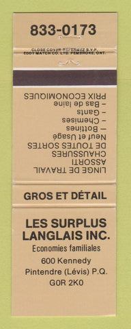 Matchbook Cover - Les Surplus Langlais Clothes Levis QC