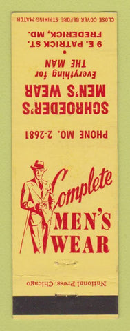 Matchbook Cover - Schroeder's Men's Clothes Frederick MD