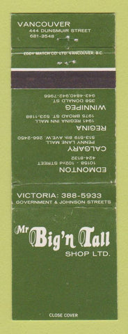 Matchbook Cover - Big n Tall Vancouver BC clothes Regina SK Winnipeg MB WEAR