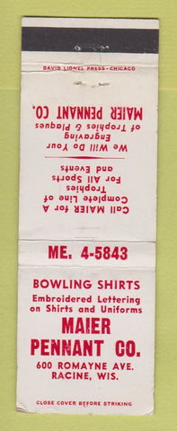 Matchbook Cover - Maier Pennant Trophies Racine WI bowling shirts